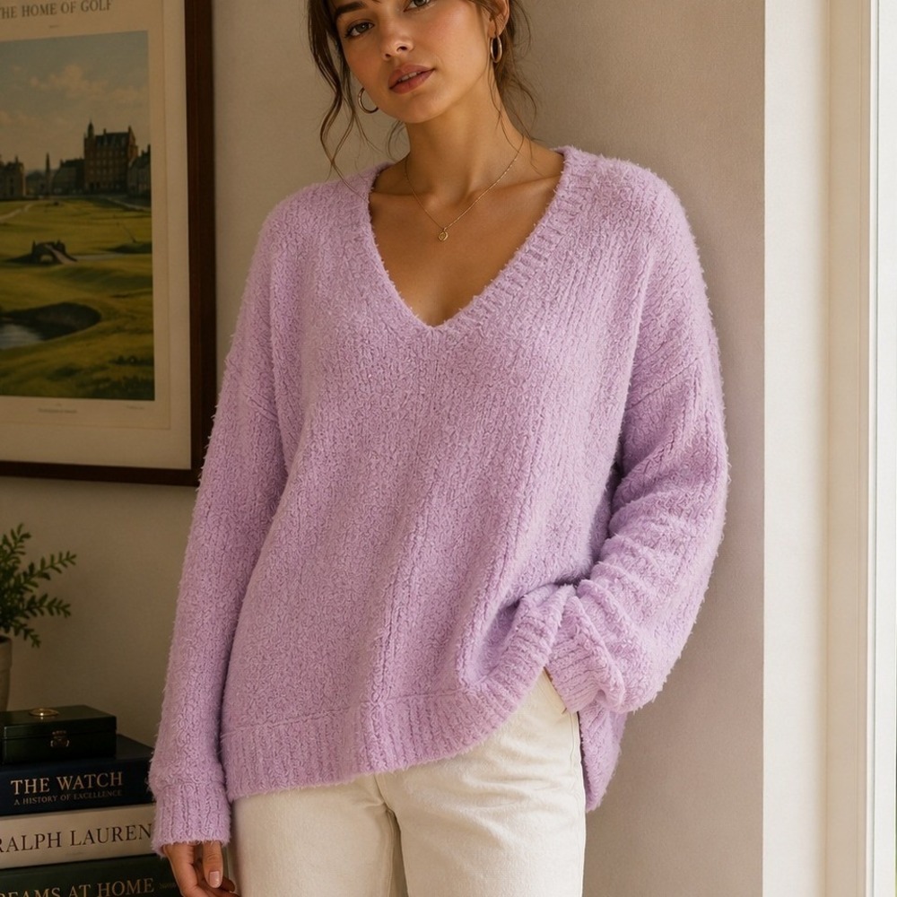 Free People Pink Alpaca Blend Boucle Oversized V-Neck Sweater XS Oversized